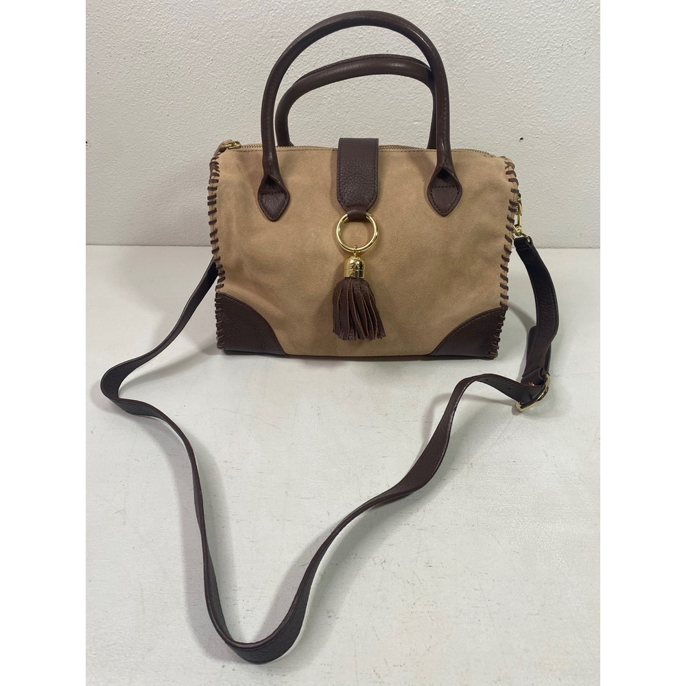Talbots Tan Suede Brown Leather Whipstitch Tassel Satchel Crossbody Bag Purse